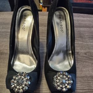 Bamboo Black Velvet Heels, Size 7